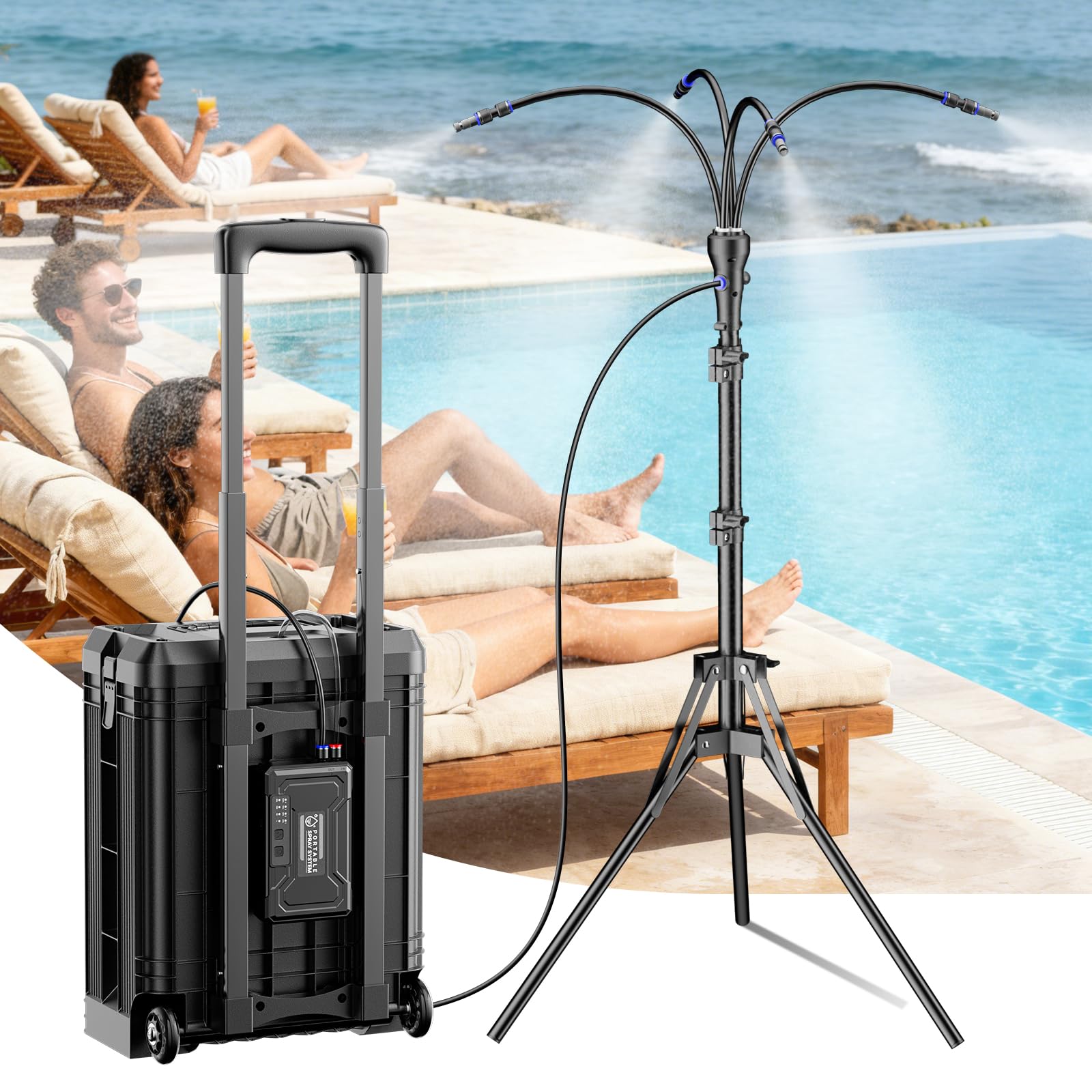 Système de brumisation portable avec seau roulant de 15 L, brumisateur debout alimenté par batterie 10 000 mAh pour terrasse extérieure, réglable en hauteur, ensemble de refroidissement mobile pour