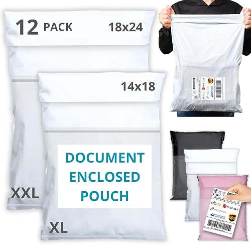 EMBALLAX Shipping Bags (12 Pack) with Label Pouch - 14x18 & 18x24 - Poly Mailers for Clothes, Self-Seal Plastic Mailing Envelopes - Tear & Water-Resistant Packaging Bags for Clothing, Not Padded