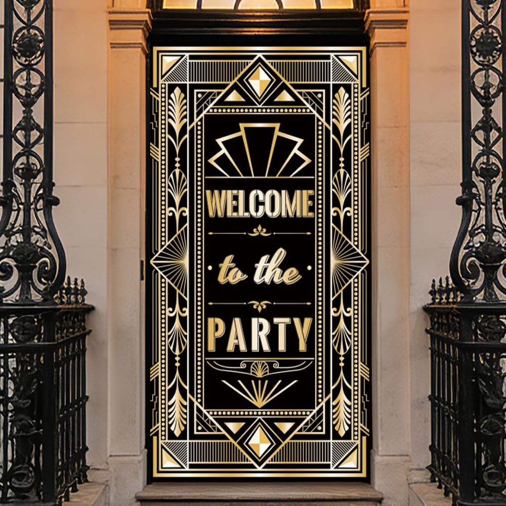 WADORN Roaring 20's Themed Party Decorations, 2.9x5.9Ft Welcome to The Party Porch Banner Backdrops Black Gold Gatsby Jaz Photography Background Photo Booth Props for Dance Birthday Jazz Supplies