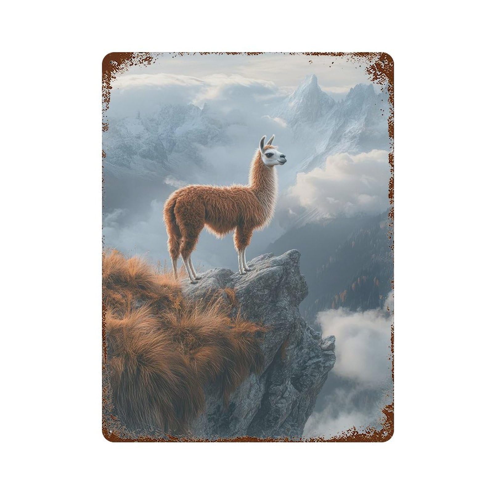 Decorative Tin Sign Llama on Mountain Peak 15.7"x11.8", Vintage Wall Decor for Pub, Kitchen And Man Cave Decor