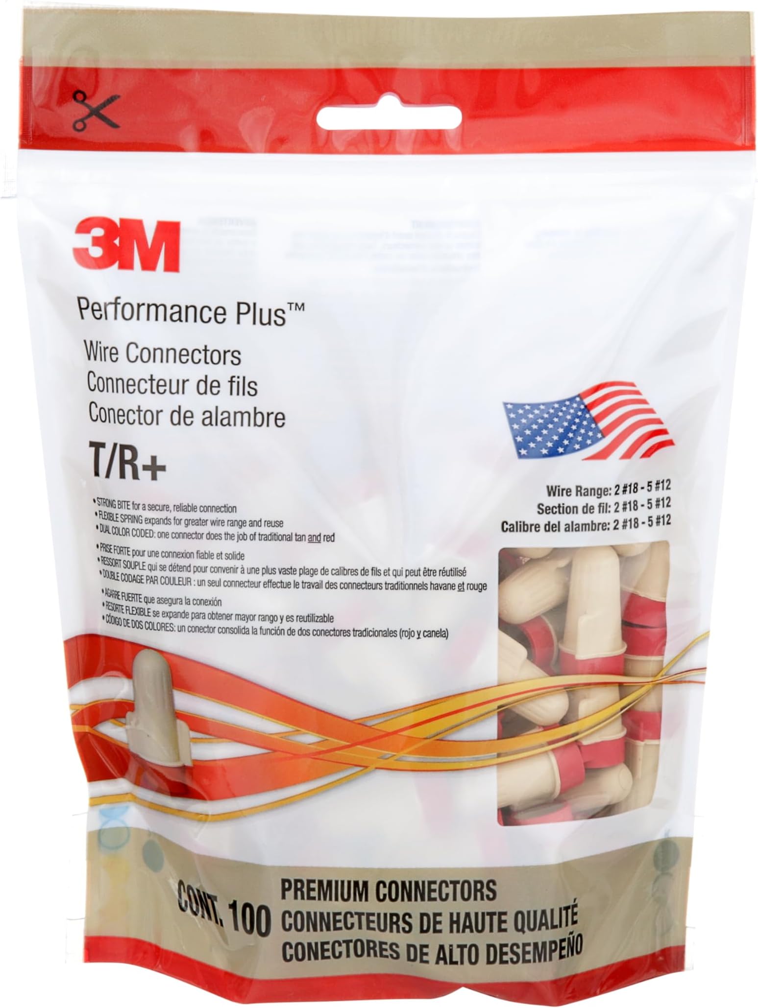 Performance Plus Wire Connector T/R+POUCH, Tan/Red, Flexible Steel Spring Connectors, Copper, CSA Certified, UL Listed, Pouch of 100, 22-8 AWG