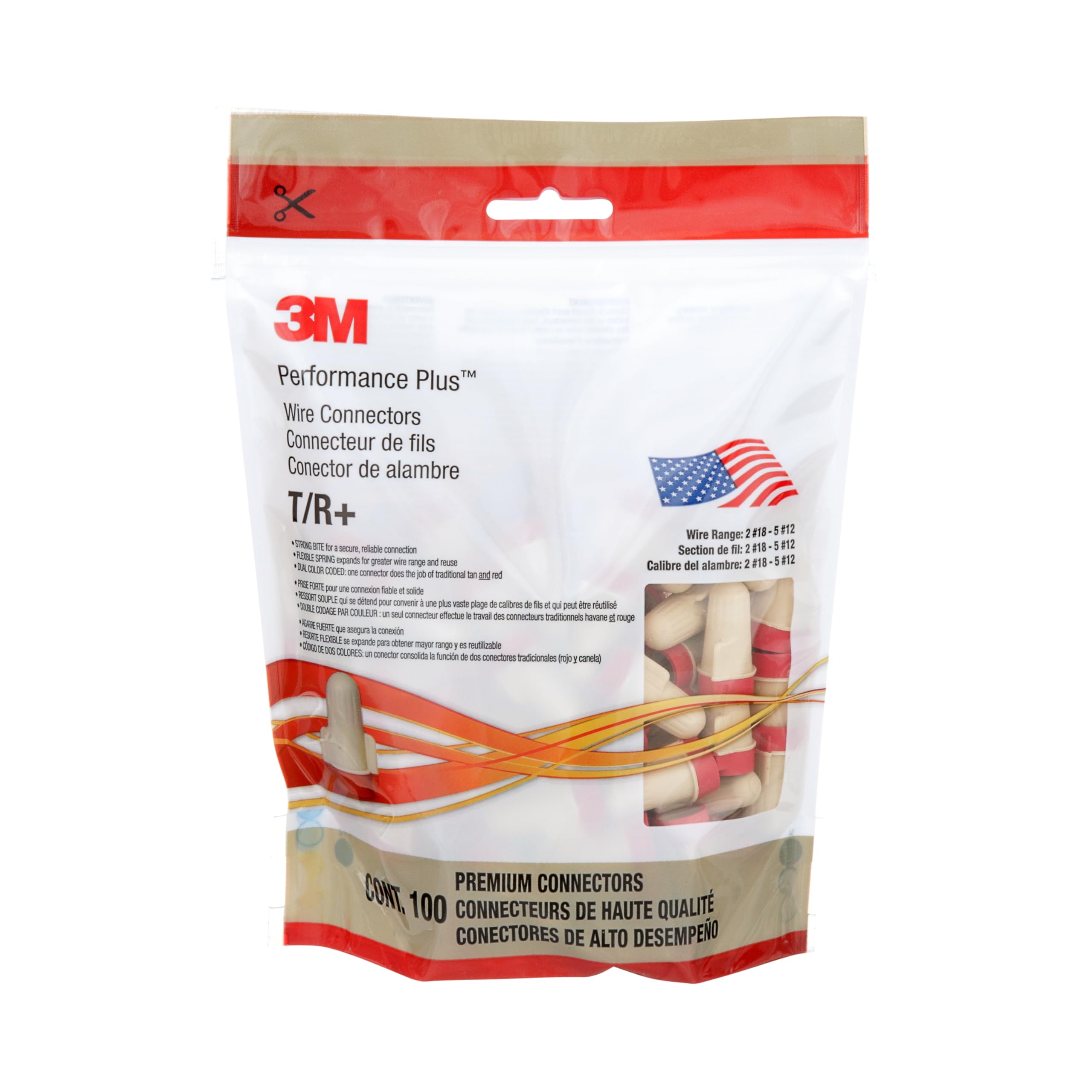 3M Performance Plus Wire Connector T/R+POUCH, Tan/Red, Flexible Steel Spring Connectors, Copper, CSA Certified, UL Listed, Pouch of 100, 22-8 AWG