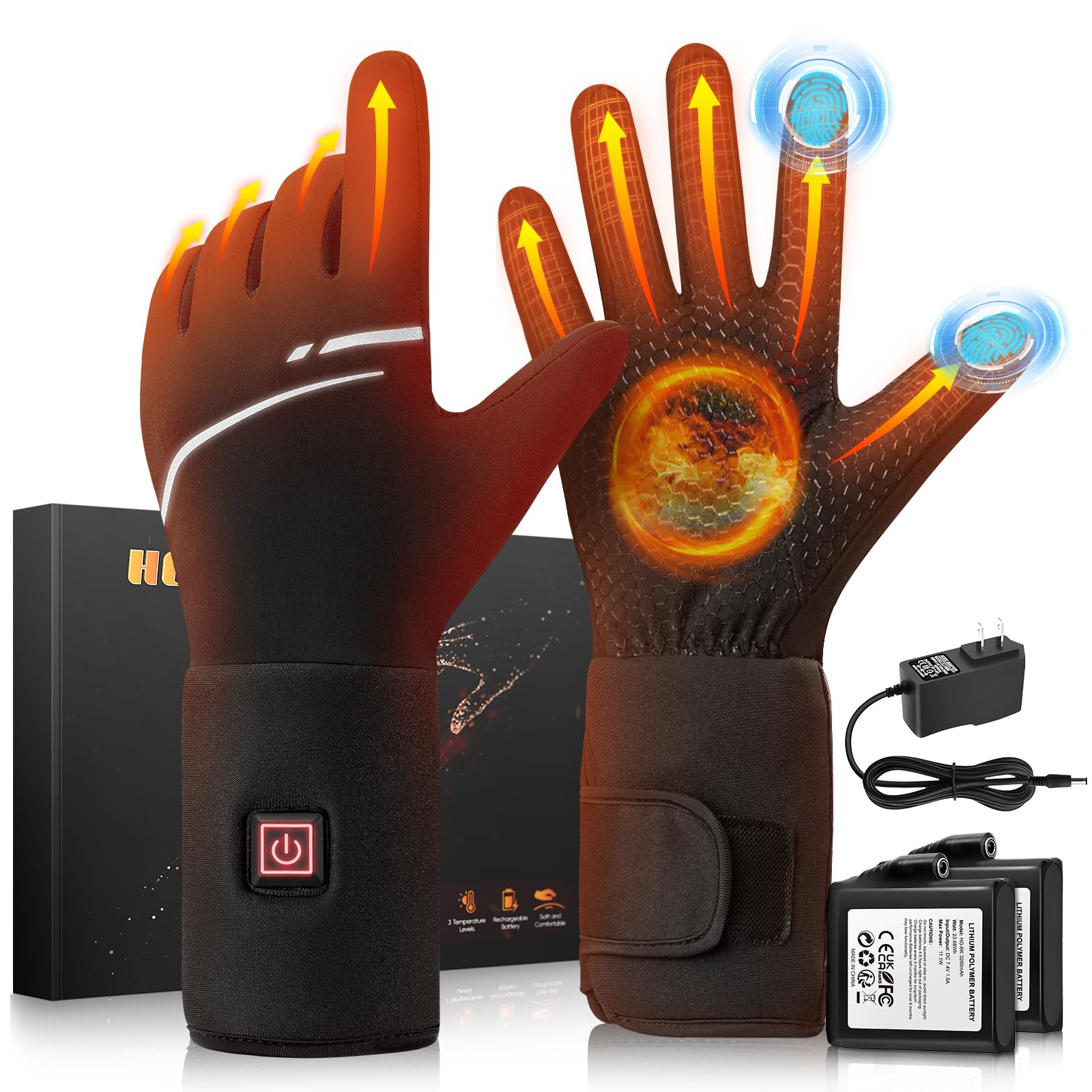 POSUGEAR Guanti Riscaldabili per Uomo Donna, Guanti Riscaldati Sottili Interni Fodera,uanti Riscaldati Moto con 7.4V 3200MAh*2 a Batteria,3 température, Guanti Invernali Riscaldanti Touchscreen
