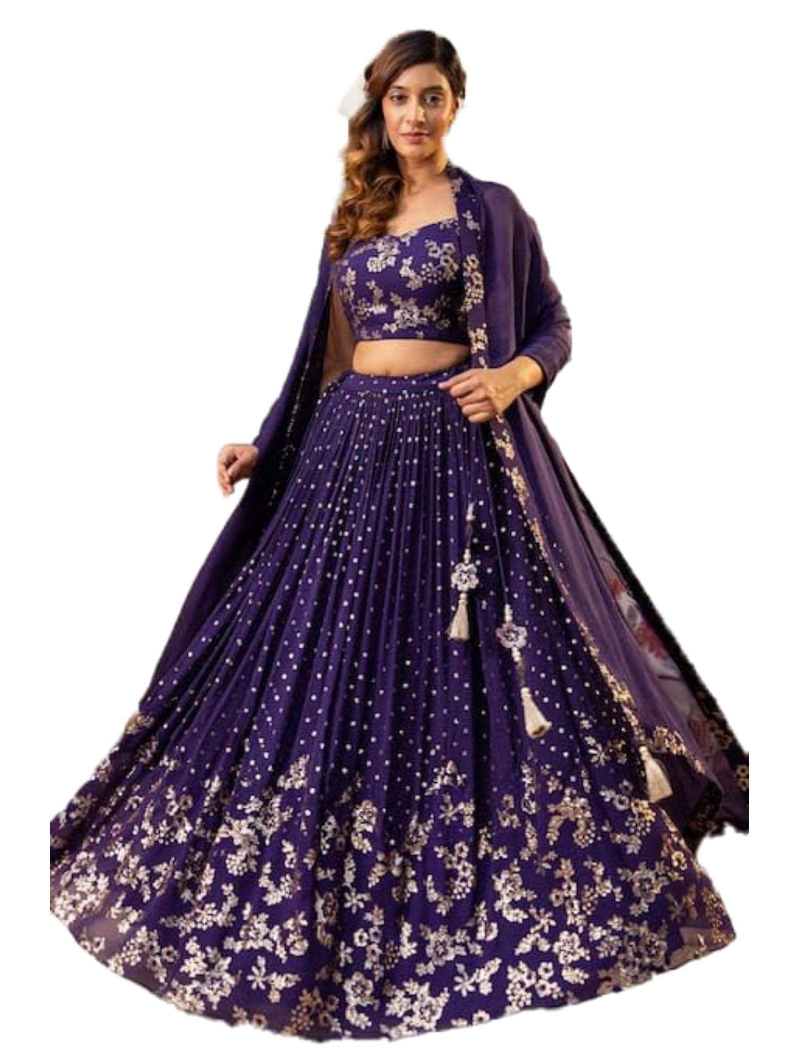 Purple Silk Zari Sequence Embroidery Work Semi-Sttiched Lehenga Choli For Women-image-7