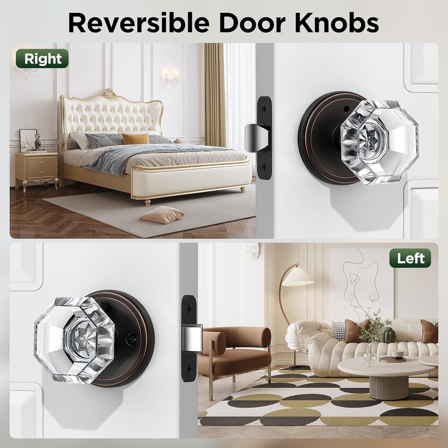 1 Pack Crystal Door Knob, Octagon Shaped Glass Door Knobs Interior with Lock, Oil Rubbed Bronze Door Knobs Interior Glass