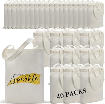 WHEATHUSK 40 Pieces Sublimation Canvas Tote Bags Bulk Blank Tote Bags Screen Printing Reusable Polyester Grocery Bags for Sublimation Heat Transfer Vinyl DIY Crafting White, 14x16 Inch