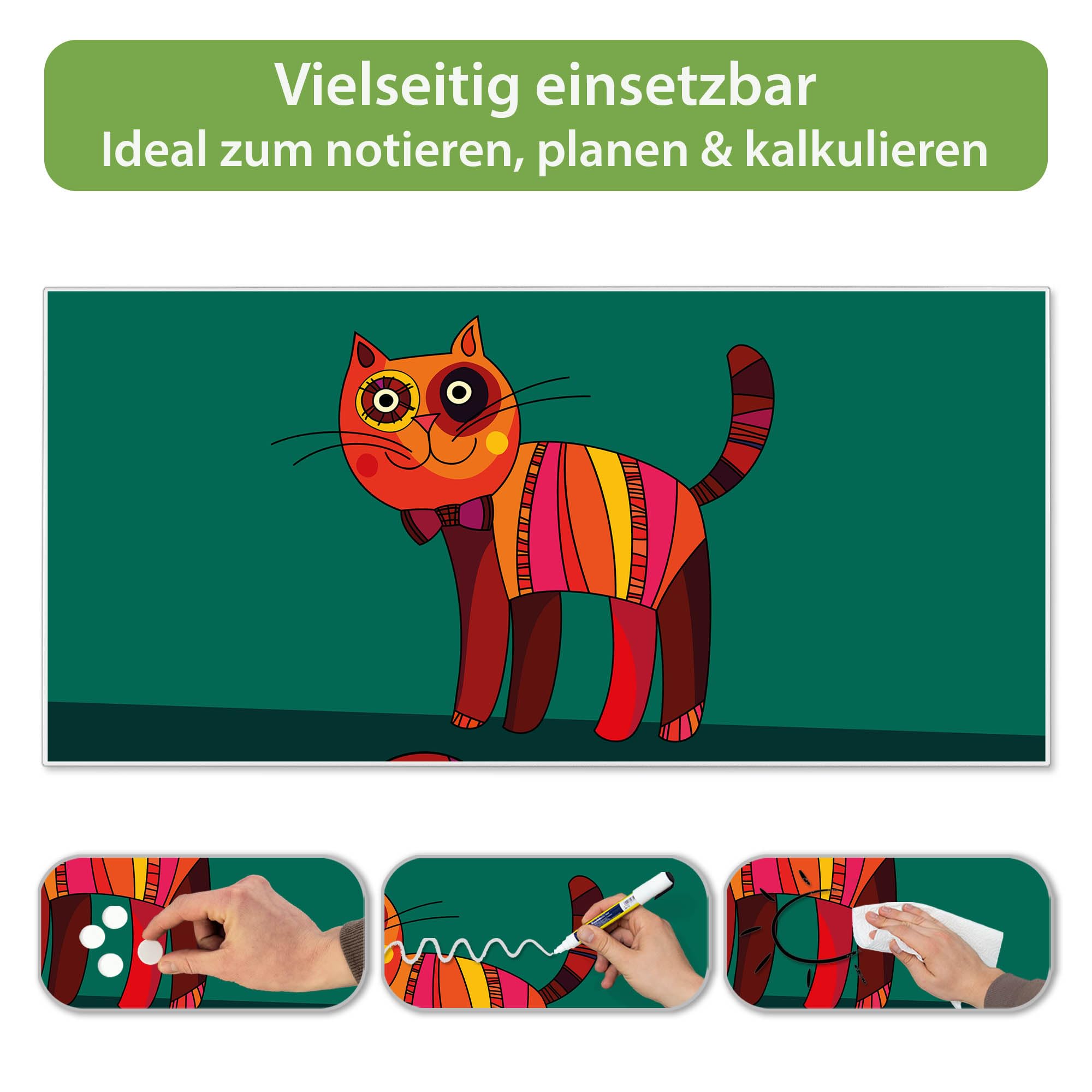 banjado Magnettafel Metall 78 x 37cm - beschreibbare Magnettafel - Metall Pinnwand als Memoboard - Magnetwand Küche, Büro, Kinderzimmer Weiß inkl. 4 Magnete & Montageset - Motiv Orange Katze