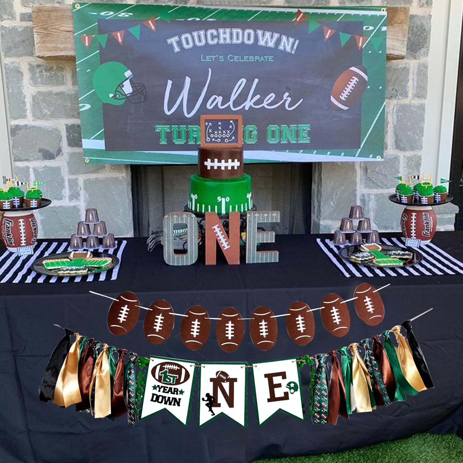 NSDTINYT First Year Down Football Highchair Banner,1st Birthday Highchair Banner Boy,photo Prop Football Party Decor, Green