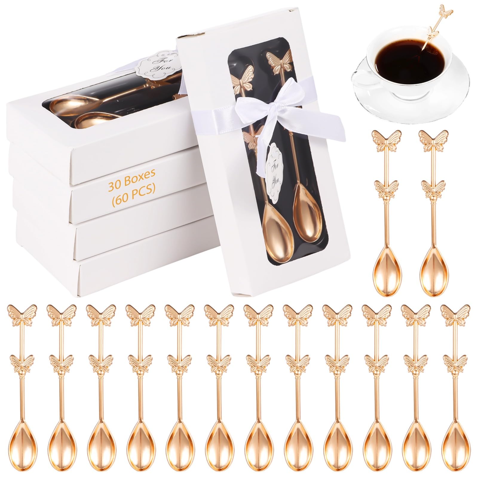60 piezas (30 cajas) Cucharas de bebida en forma de mariposa, cucharillas de té de mariposa, elegante cuchara de café de mariposa, recuerdos para despedidas de soltera