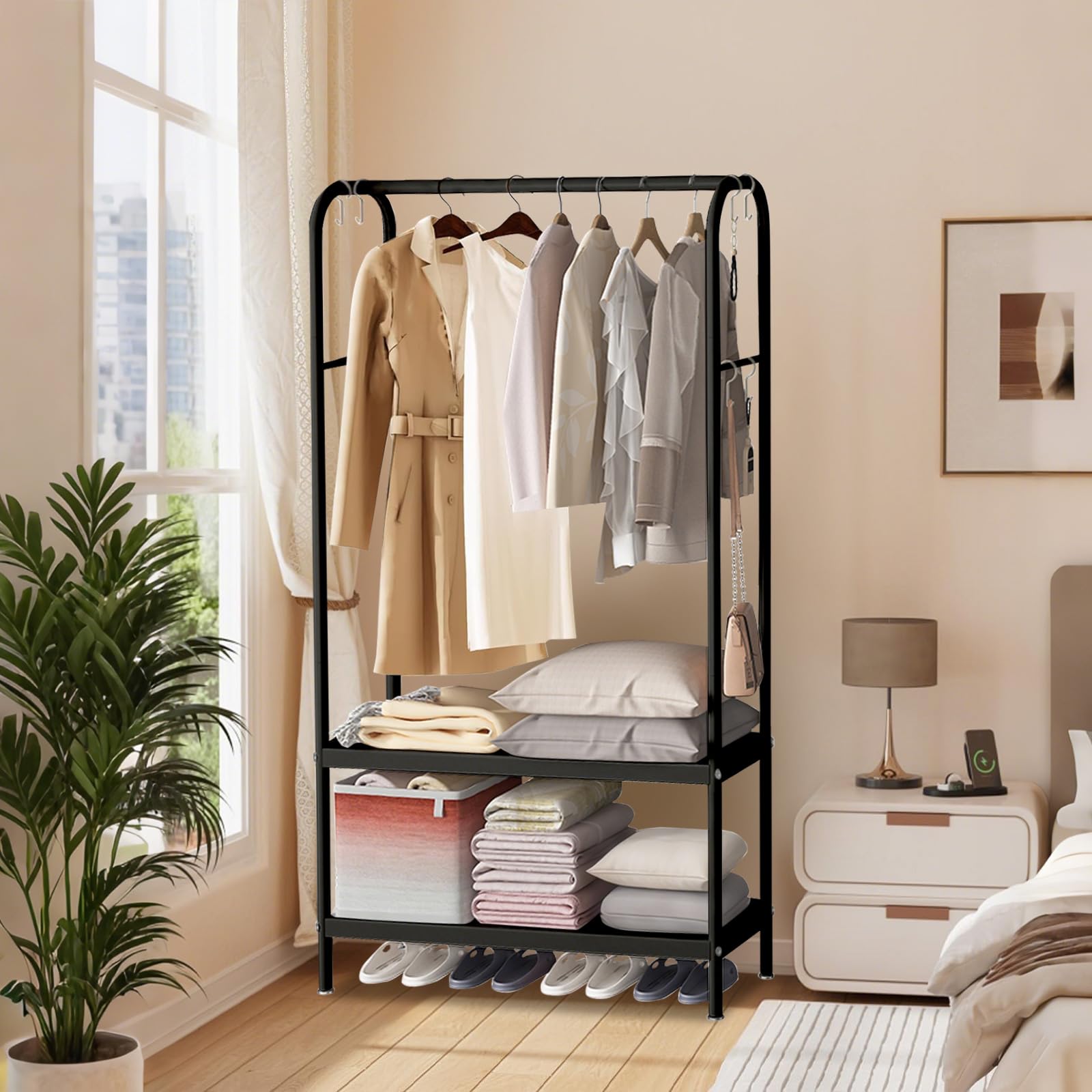 Zstar Appendiabiti in metallo per appendere vestiti, con ripiani a 2 livelli, 6 ganci, per negozio, camera da letto, spogliatoio, 80 x 33 x 172 cm, nero