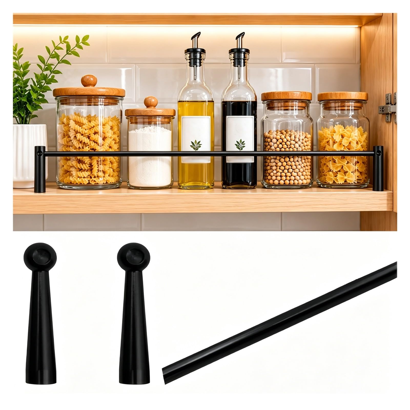MZZKFC Shelf Rail for Kitchen Cabinet 9-35in，Customizable Dish Shelf Guard Rail Waterproof & Rust-Resistant, Aluminum Alloy Shelfs Retainer Bar for Pantry(Black B,15in/381mm)