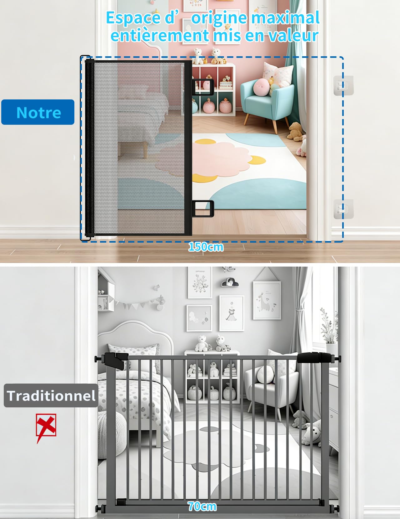 Barrière de Sécurité Rétractable Escalier pour Bébés Enfant et Chiens 0-150cm de Large, 78cm de Haut Barriere Escalier Enroulable pour Les Escaliers/Portes/Couloirs（Noir）