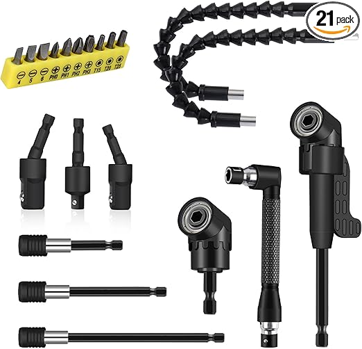 21 Pcs Right Angle Drill Attachment Set Includes 2Pcs Flexible Drill Bit Extension 3Pcs 360° Rotatable 1/4 3/8 1/2" Impact Grade Socket Adapter 3Pcs Drill Bit Holder 10 Short Screwdriver Bits