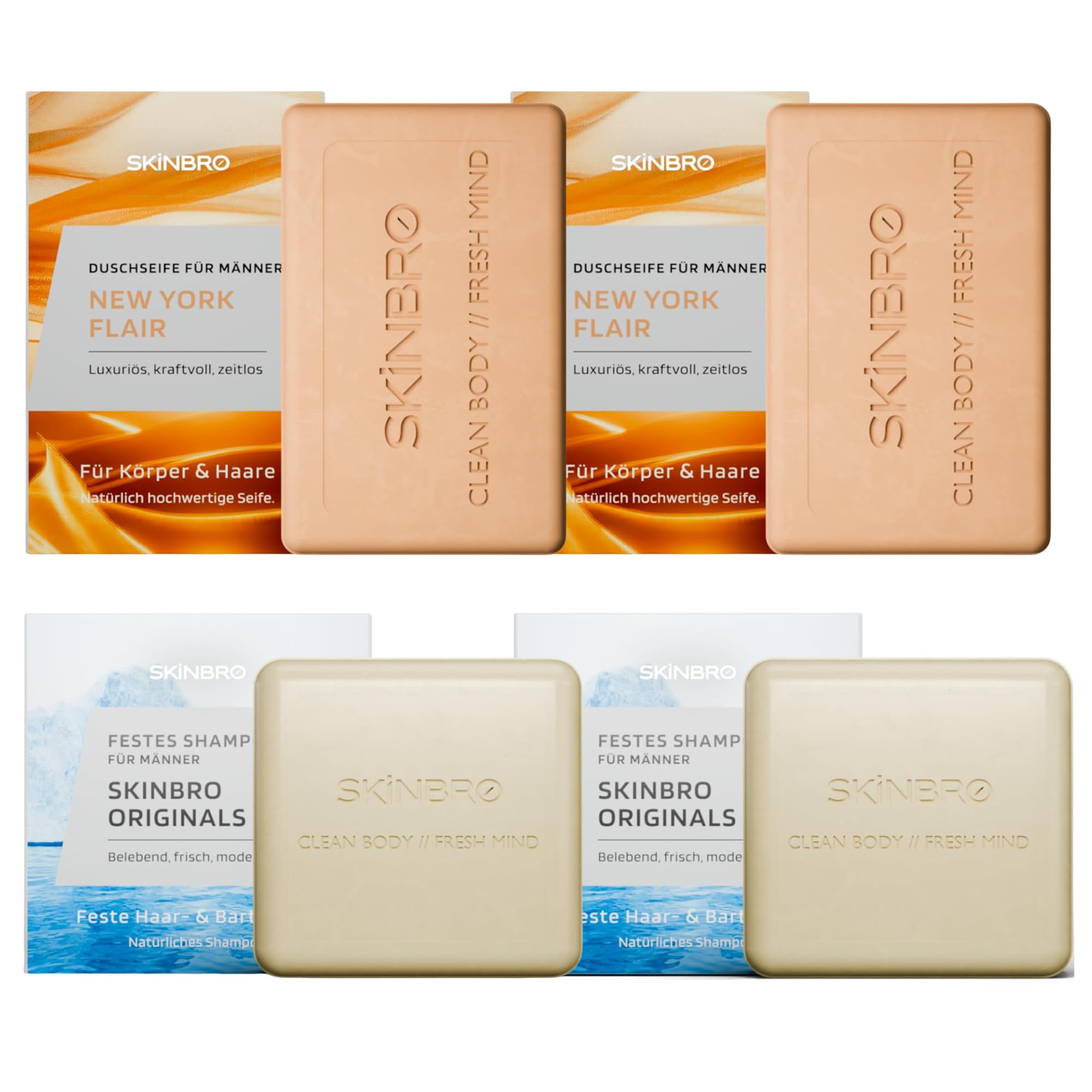 SKINBRO Set: 2x Festes Duschgel New York Flair & 2x Festes Shampoo Männer – Luxuriös & Frisch – Vegane 4-in-1 Pflege für Haar, Bart & Körper – Nachhaltig