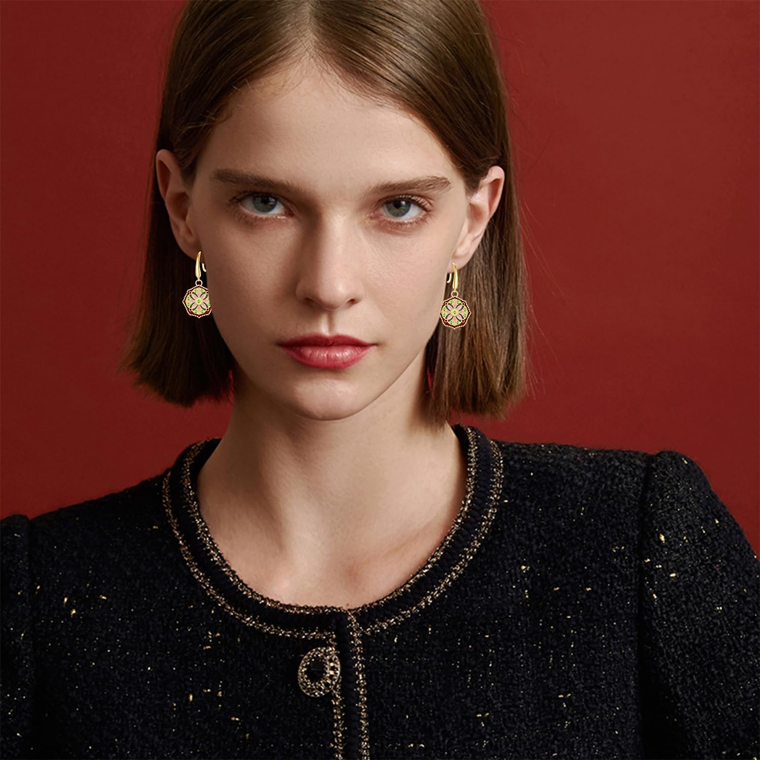 14K Gold Enamel Flower Dangle Drop Earrings Dainty Crystal Floral Round Disc Hook Earrings For Women - Image 3