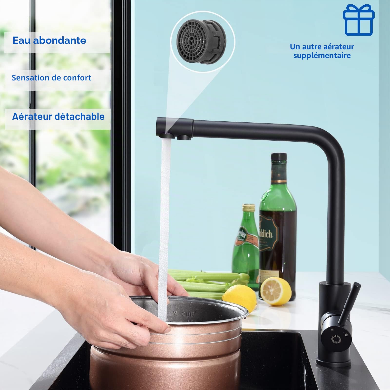 CECIPA PURE-B Robinet Cuisine 3 Voies, Mitigeur d'Évier avec Deux Sorties D'eau: Eau Filtrée et Eau Chaude/Froide - Bec Orientable 360° en Acier Inoxydable 304, Noir