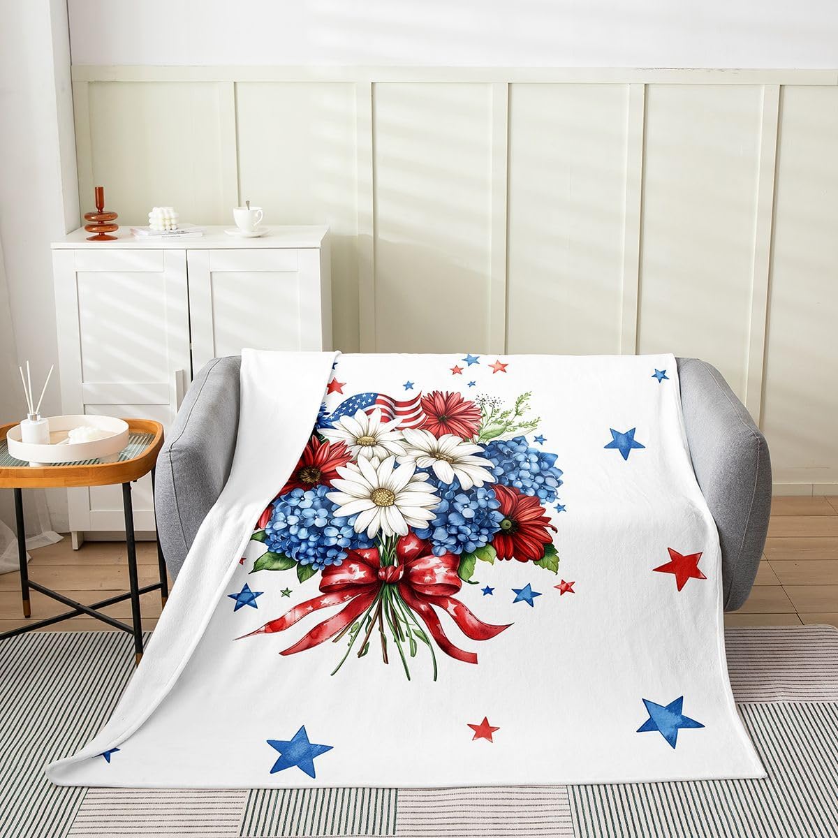 Erosebridal Patriotic Flannel Blanket Baby 30x40 Inch Cute Heart American Flag Fleece Blanket Girls Teens Watercolor Floral Leaf Fuzzy Plush Throw Fantasy Stars Print Decor