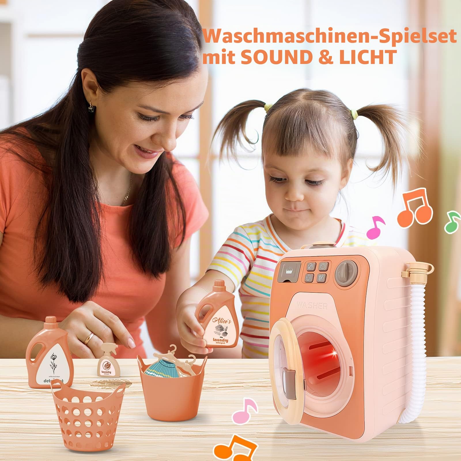 deAO Waschmaschine Spielzeug für Kinder, Mini Simulationswaschmaschine mit 4 Programmen, Rotierender Waschtrommel, Licht, Ton, Washe Spielzeug Kinderwaschmaschine mit Zubehör für Kinder (Braun)