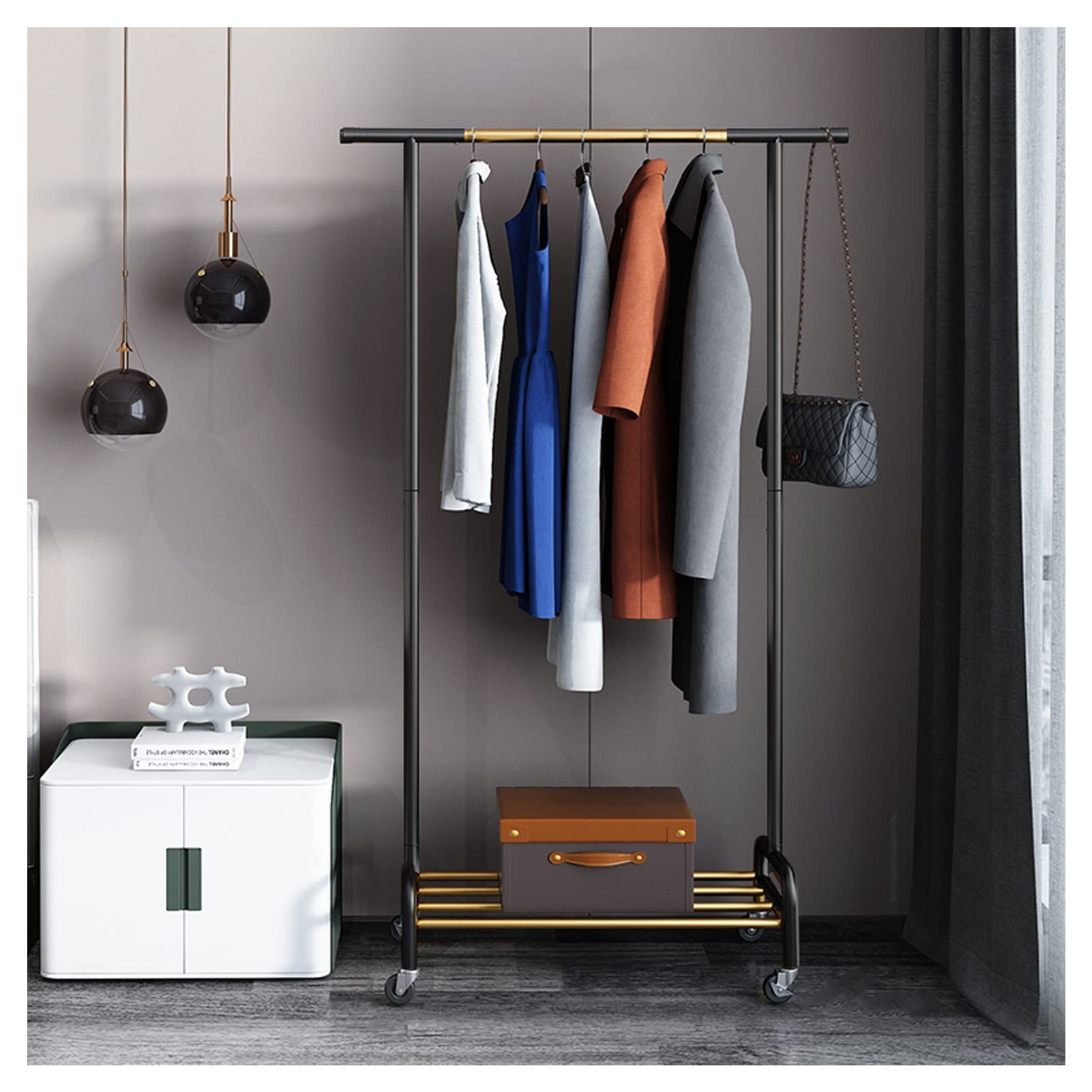 YNBSHGAA Clothing Rack, Clothes Hanging Rail Withers, Freestanding Hanger Garment Rack with Top Rod and Lower Storashelf/Gold/100Cm,Black-100Cm