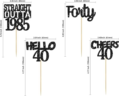 Miniatura 2 de Gyufise Paquete de 24 adornos negros con purpurina para cupcakes de 40 cumpleaños con purpurina de cuarenta rectas Outta 1984 Hello 40 Cupcake Picks