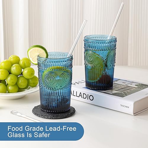 Miniatura 4 de Vintage Glassware Drinking Glasses Set of 6,13 oz Blue Textured Flower Design Glass Water Tumblers，Embossed Striped Drinkware for