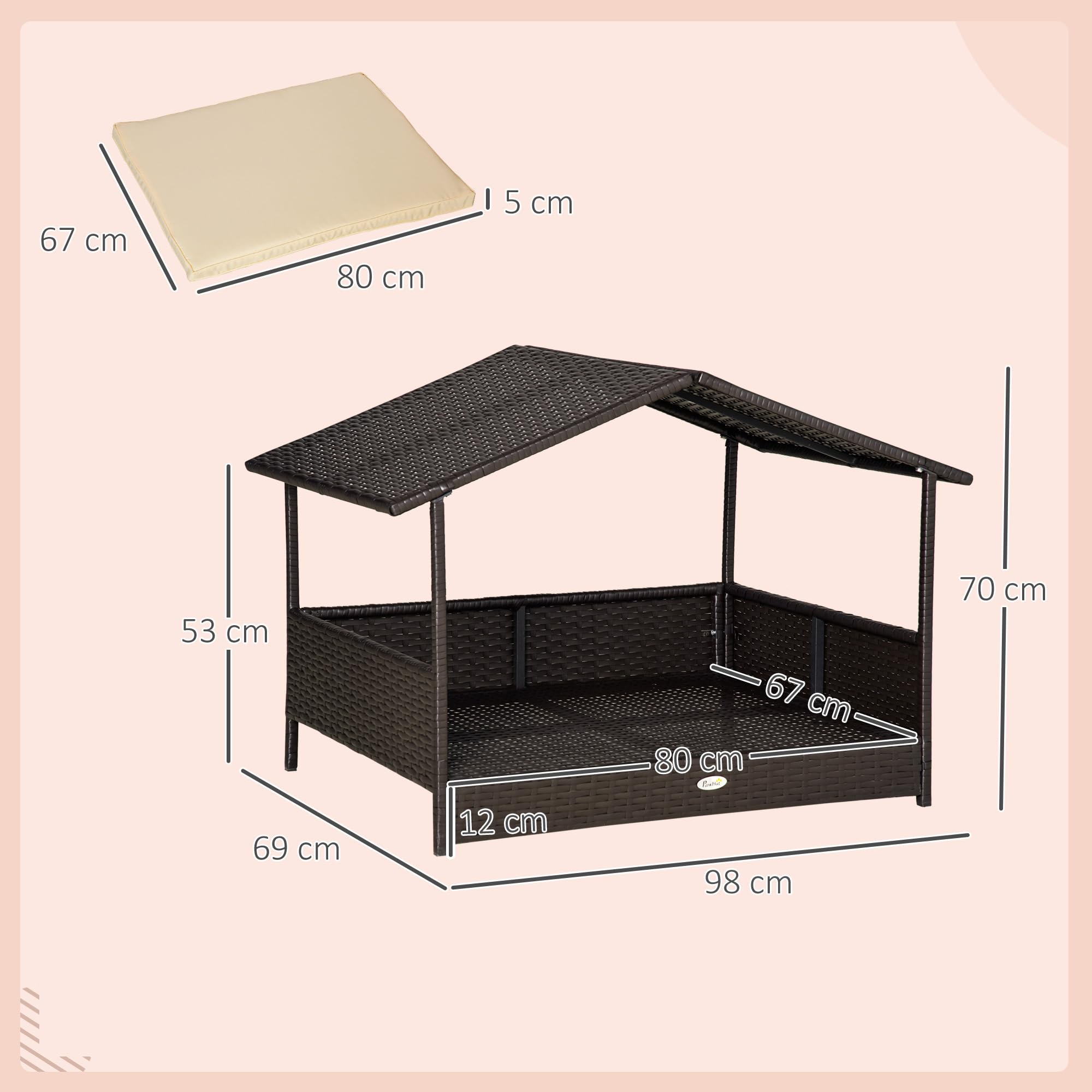 Pawhut Cuccia per cani con cuscino, letto per cani a forma di casa, casa per esterni, telaio in acciaio, PP Rattan, nero, 95 x 69 x 70 cm