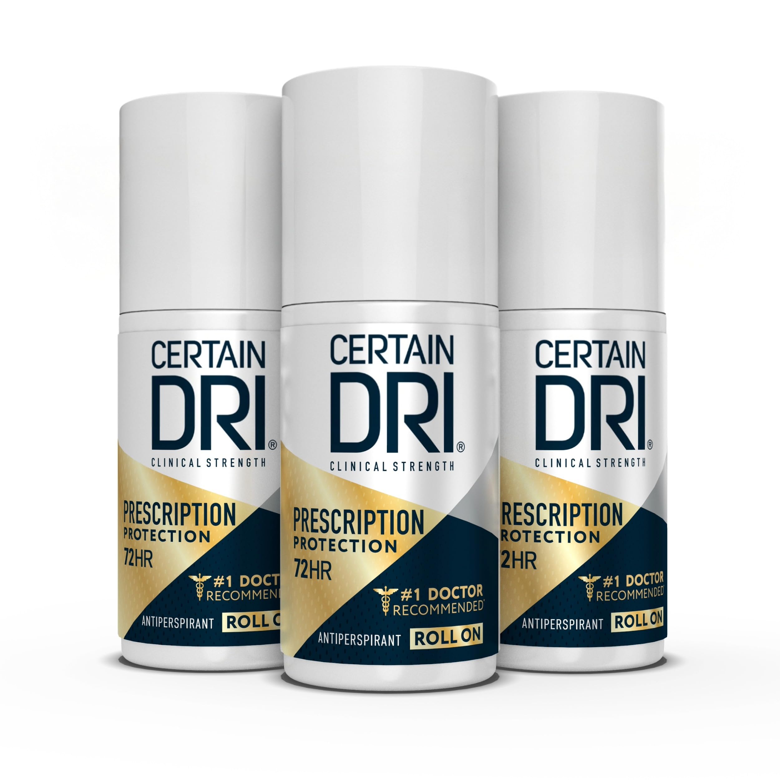 Prescription Strength Clinical Antiperspirant Roll-On for Hyperhidrosis, 72-Hour Sweat Protection, Fragrance-Free, Doctor-Recommended for Men & Women, 1.2 fl oz, (3-Pack)
