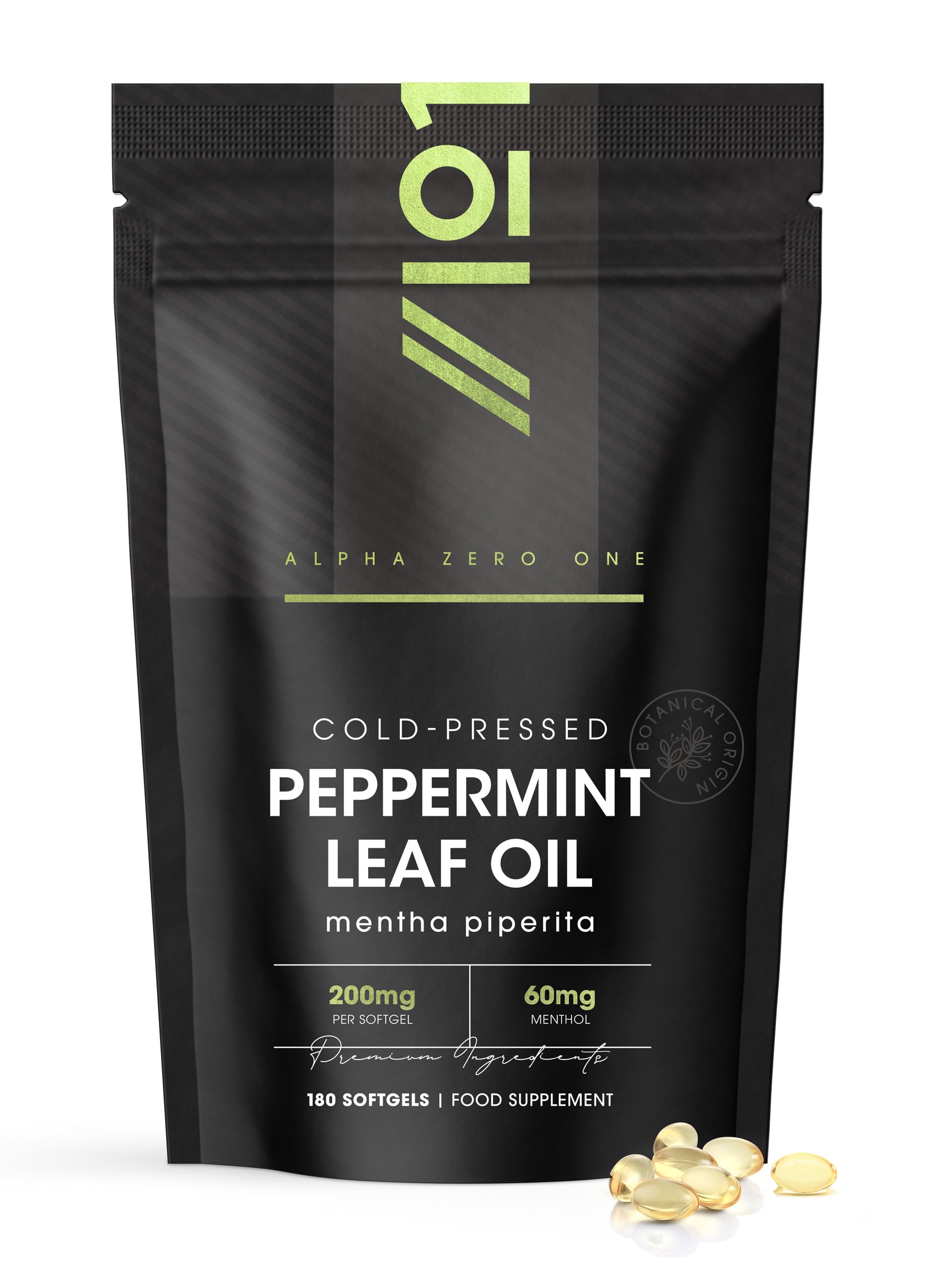 Peppermint Oil Capsule 200mg - 180 Softgels (6 Months Supply) - Cold-Pressed - Fast Absorbing & Easy to Digest - 100% Natural Digestive Supplement by Alpha01