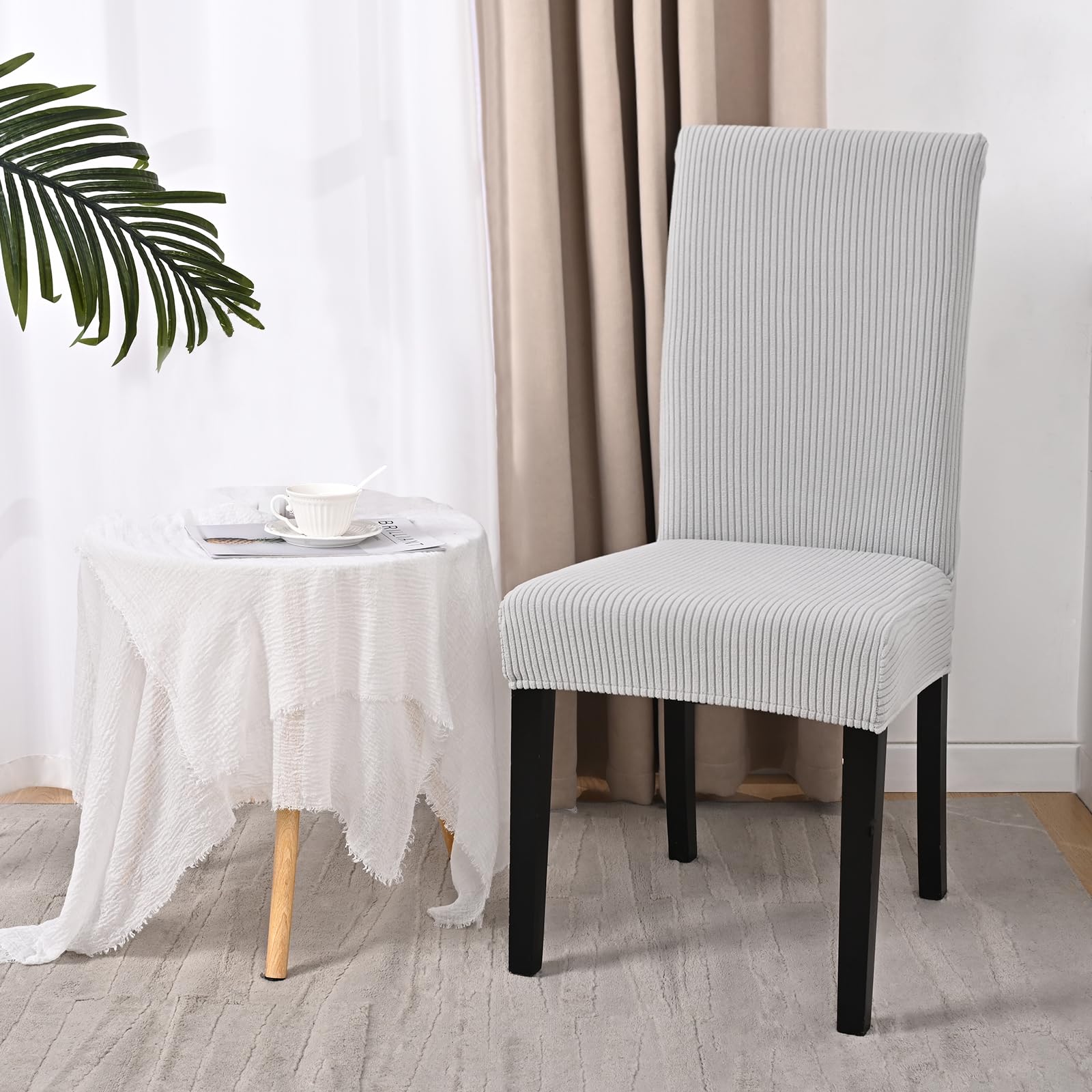 Alishomtll Dining Chair Covers Set of 4 Stretch Streaks Chair Covers for Dining Chairs Elastic Removable Chair Slipcover Reusable Washable Chair Protector for Kitchen Hotel Banquet (Light Grey - Image 3