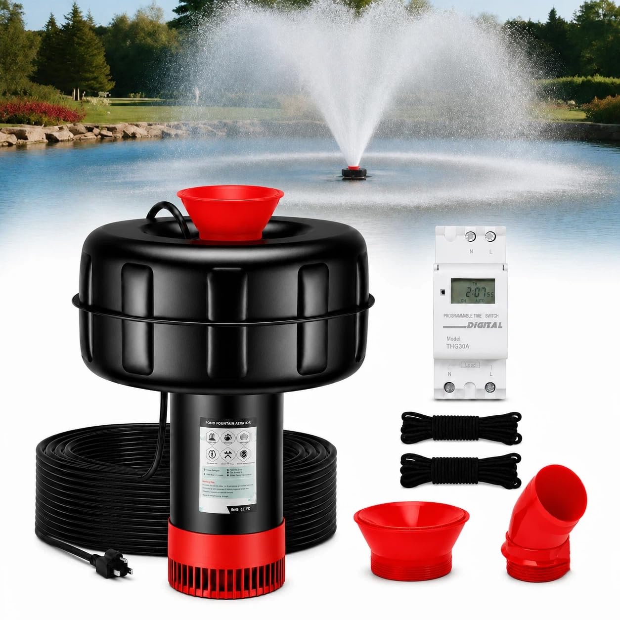 KYZDZQ 15000 GPH Pond Fountain Aerator, 110V,Floating Pond Fountain Pump with Stainless Steel Body, Pond Aerator Pump for Small & Large Ponds and Lakes (Red)