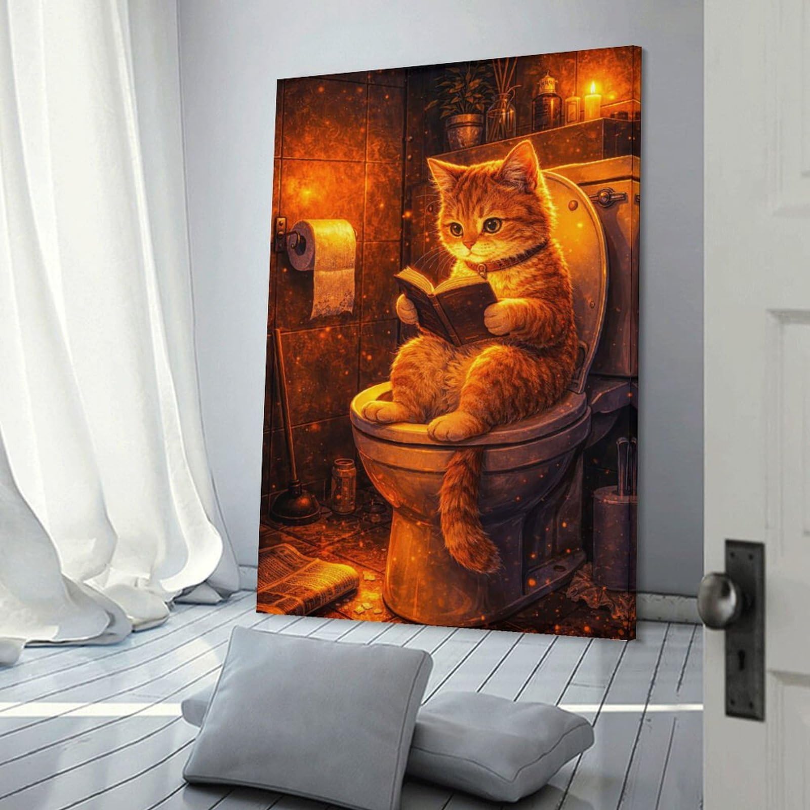 Junmoney Cat Reading on A Toilet Canvas Wall Decor 08x12inch(20x30cm), for Calm Bedrooms, Home Corners Or Flats, A Warm Accent for Relaxed Interiors