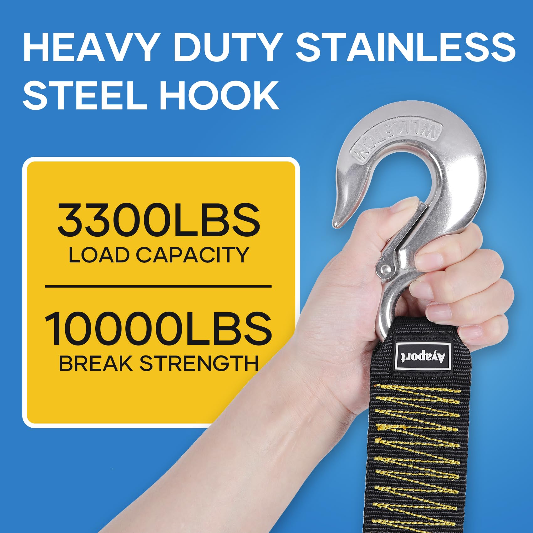 Ayaport Boat Trailer Winch Strap with Hook 2” x 20’ 10000lbs Break Strength Hand Crank Boat Trailer Strap (Stainless-Steel Hook)