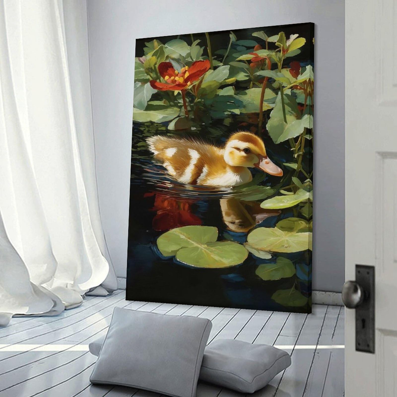 Junmoney Frame-Style-3 Duckling In Pond With Lily Pads Canvas Wall Art 24X36inch(60X90cm), For Office Decor, Home Working Or Creative Rooms, Wall Art That Adds Style To Work Areas