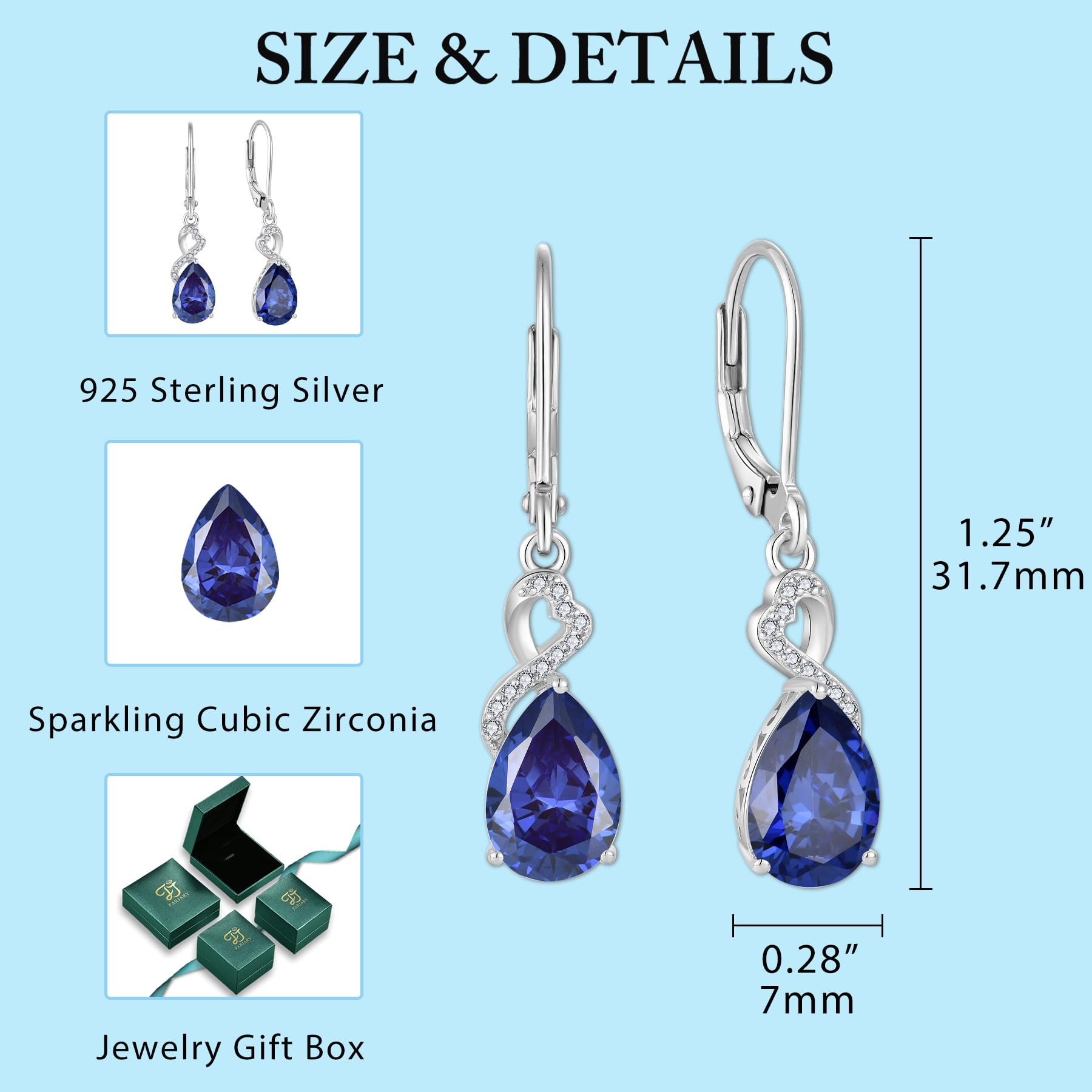FJ Pendientes Colgantes Lágrima Plata de Ley 925 Pendientes Piedra de Nacimiento Joyas para Mujer