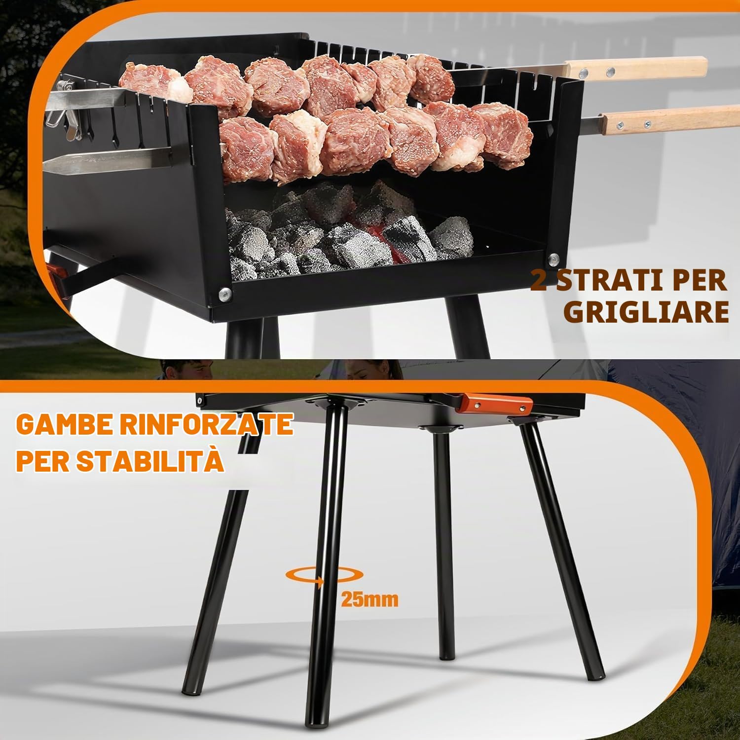 REDCAMP Mangal Grill shish kebab portatile a carbonella con 2 livelli di altezza per 16 spiedini (lento/affilati), pieghevole per esterni, per campeggio, giardino, picnic, viaggi