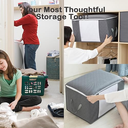 Miniatura 7 de Paquete de 6 bolsas de almacenamiento de ropa, 90 L, organizadores plegables de gran capacidad con asas duraderas de cremallera para edredones,