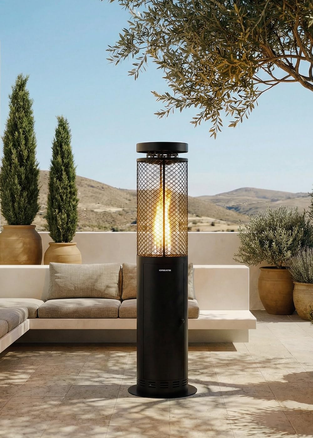 CREATE/FIRE ROUND PELLET HEATER/Stufa da esterno a pellet senza fumo Nero con power bank/Senza fumo, controllo della fiamma, copertura 9m2, consumo 3 ore e mezza, 17.5 kW