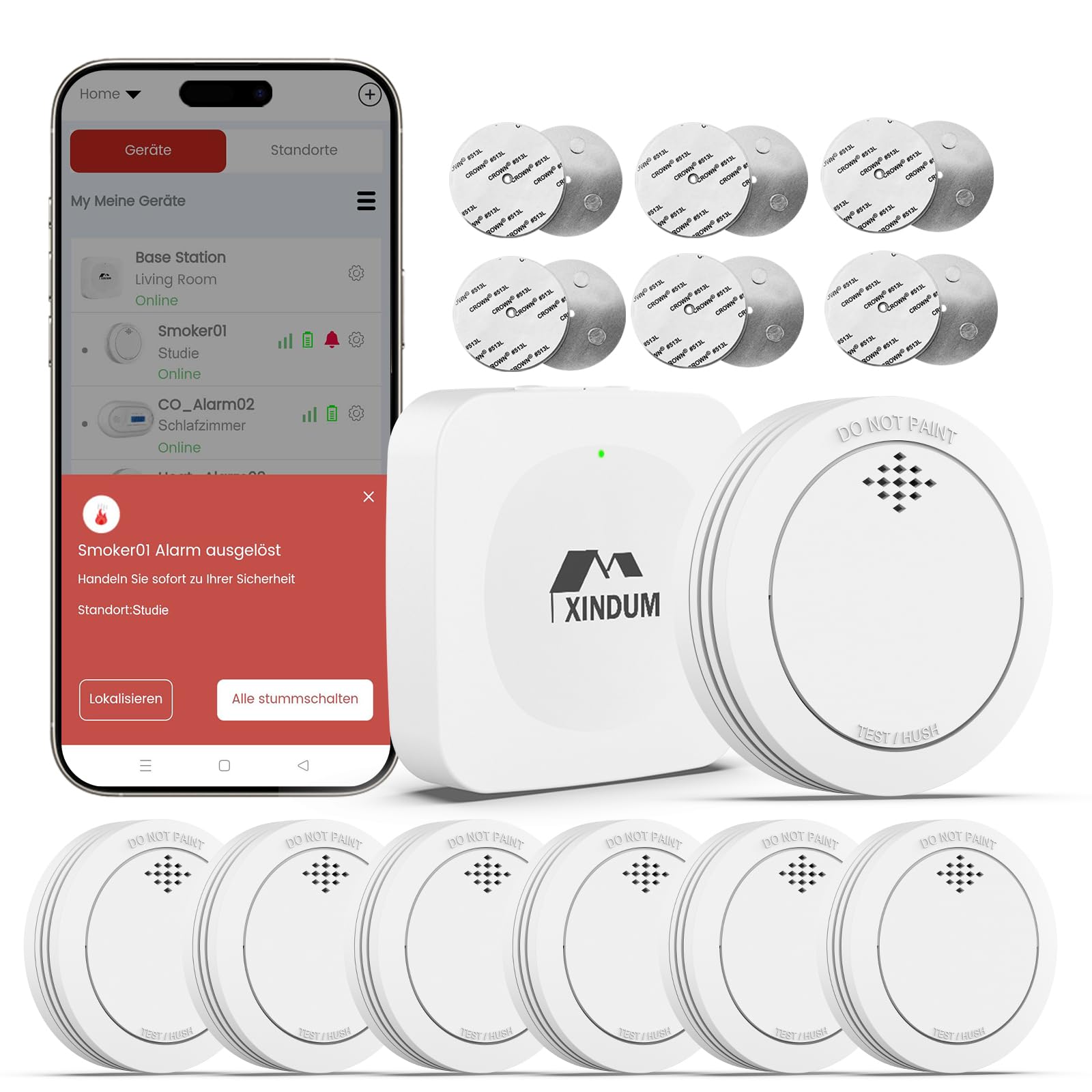 Rauchmelder WLAN mit Basisstation, 10 Jahre Smart Feuermelder, TÜV-Rheinland EN 14604, Rauch Melder Vernetzt mit austauschbarer Batterie, kein LED-Blinken, kompatibel mit APP, 6er Set