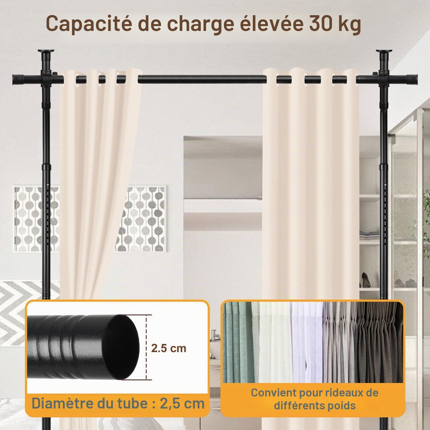 Tringles à rideaux indépendantes sans rideau - Séparateur de pièce sans perçage - Brise-vue pour chambre à coucher - 122 à 320 cm (H x l) - 70 à 355 cm (l x L) - Noir