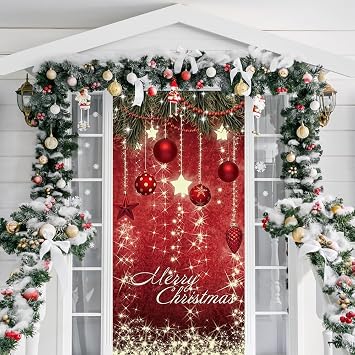 IMISHM Retro Christmas Door Cover Christmas Door Decorations Large Hanging Balls Backdrop Front Door Decorations for Holiday Xmas Decor