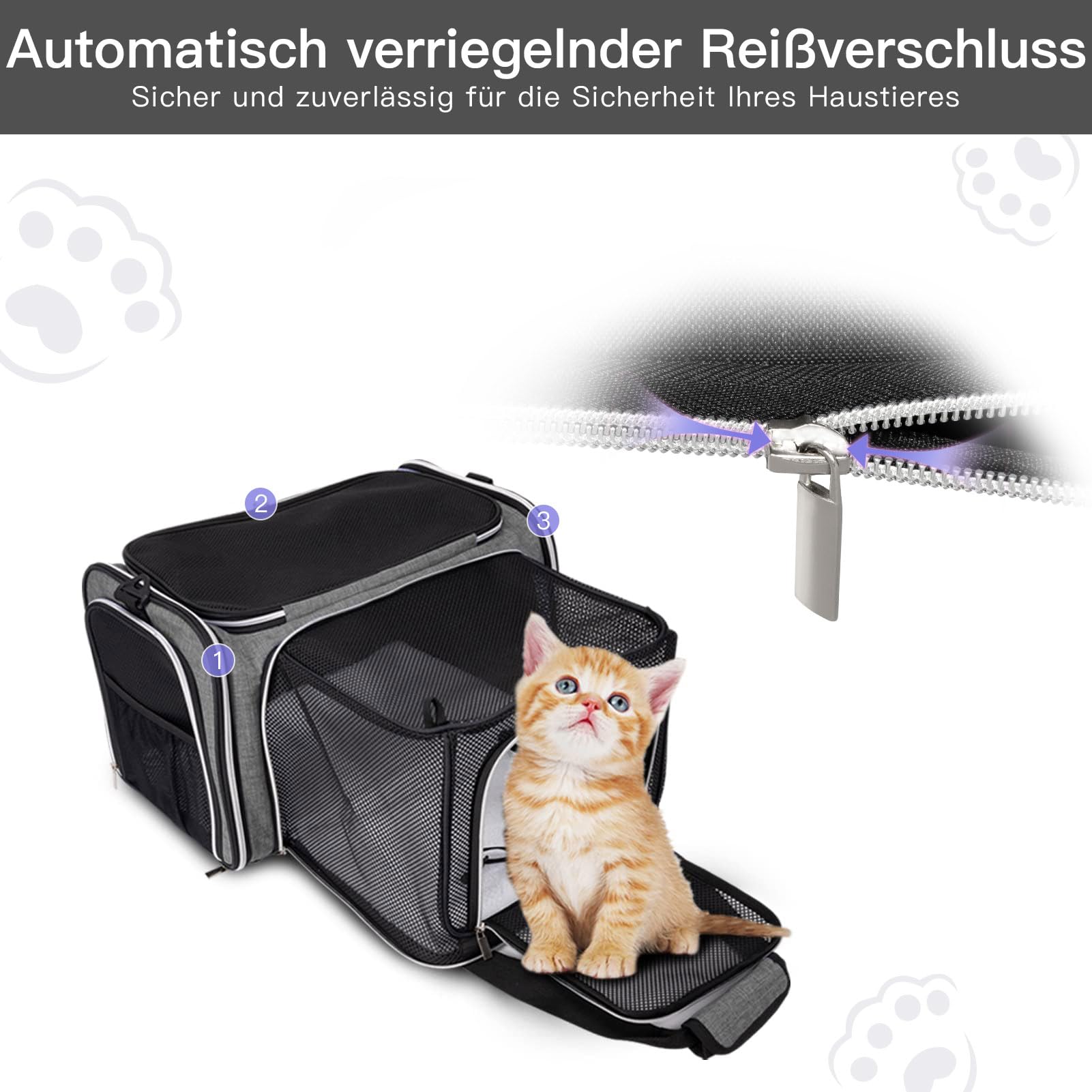 BAGLHER Erweiterbare Katzentrage mit Reise-Klo, Haustierreise, 5 Seiten offene Türen, 3 Seiten, auslaufsicher und zusammenklappbar, für Auto, Flugzeugausflug, Grau