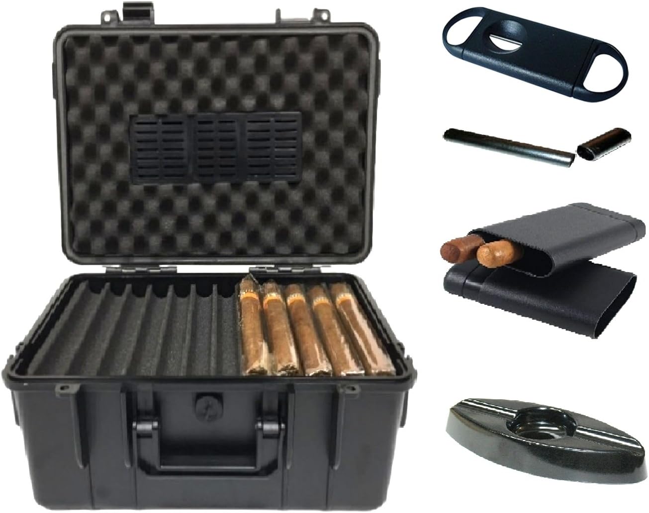 F.e.s.s. 50-60 Count Executive Travel Humidor Case With Bonus Cigar Ashtray, Cigar V cutter and Plastic Crushproof, Airtight Cigar travel Case