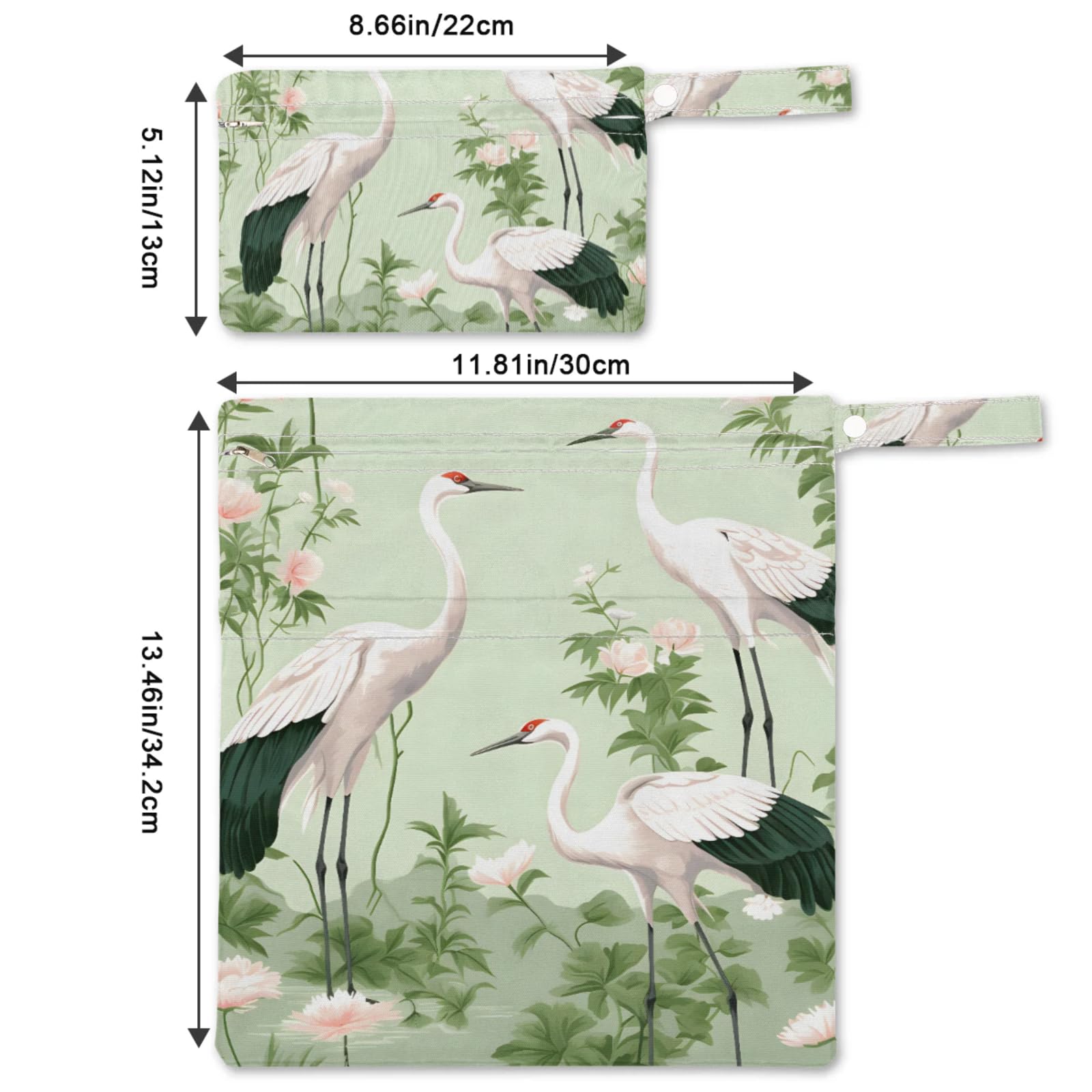 GzLeyigou 2 Set Bird Crane Wet Dry Bags for Baby Cloth Diapers Waterproof Reusable Storage Bag for Travel,Beach,Pool,Daycare,Stroller,Gym,Laundry,Dirty Clothes,Swimsuits Wet Clothes, Crane Wet Bag