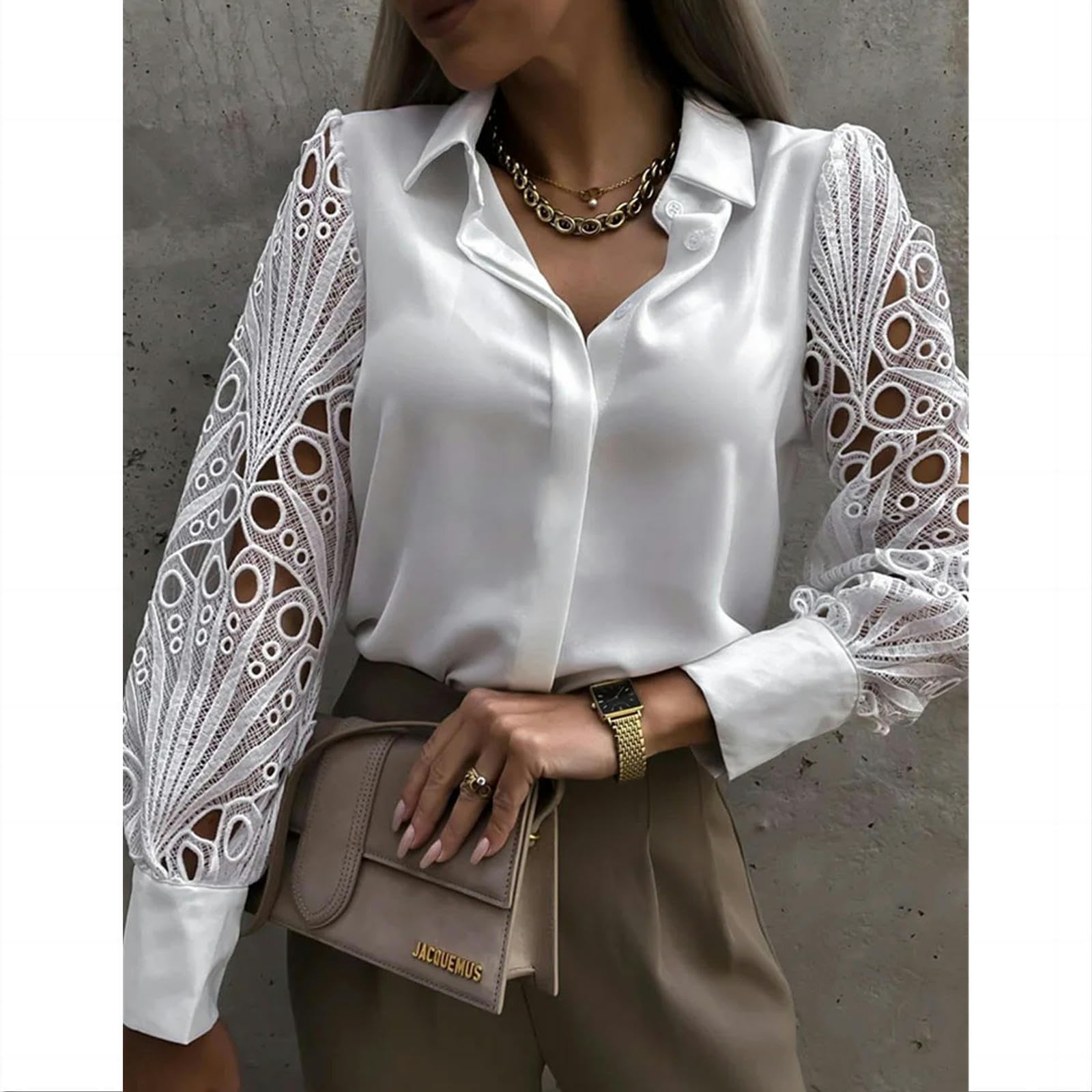 Camicia Donna Elegante Hollow out Donne Camicetta Autunno Primavera Nero Top Vintage Button Up Camicie Maniche Lunghe Top-Nero-m