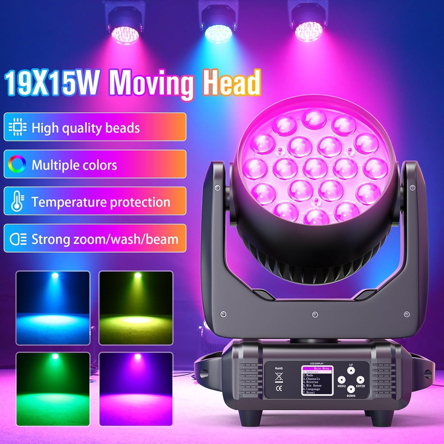 2 Unités 19x15W Lyre LED Beam Wash Zoom Effet de Lumière Disco Projecteurs