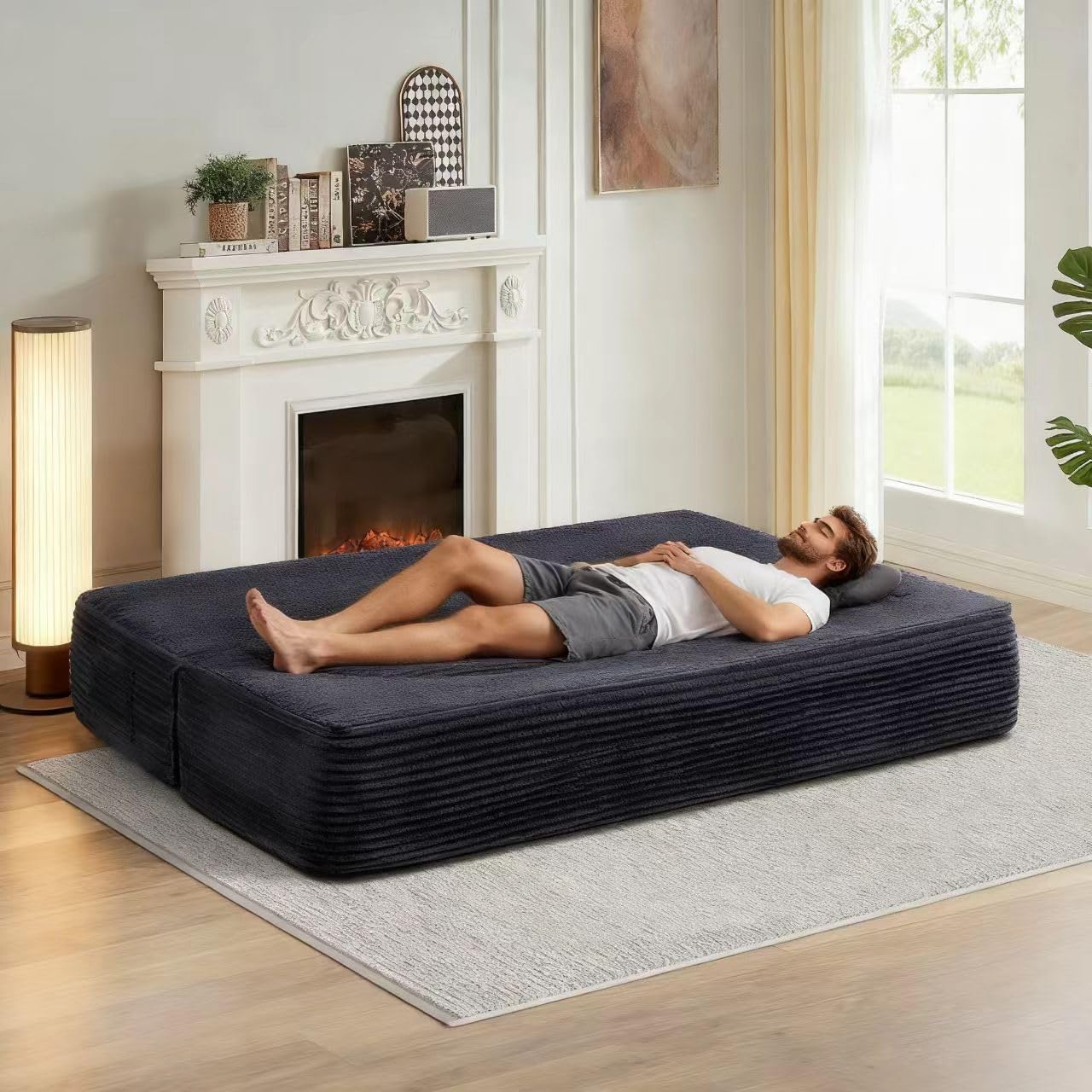 76" Teddy Fabric Futon Sofa Bed, Queen Folding Sleeper with Thick Foam Mattress and Pillow, Cozy Convertible Loveseat for Living Room, Guest Space, Office, Apartments (Grey)
