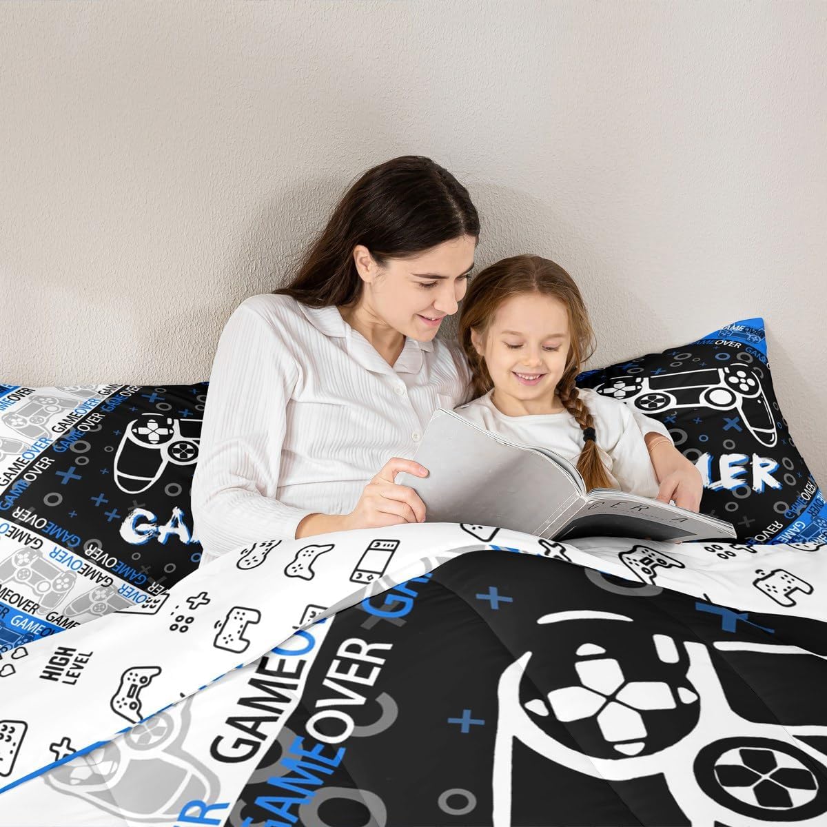 Feelyou Kids Gamer Comforter Set for Boys Teens, Blue Gaming Bedding Sets Twin Size Video Game Controller Reversible Quilt Set All Season Home Decor with 1 Pillowcase