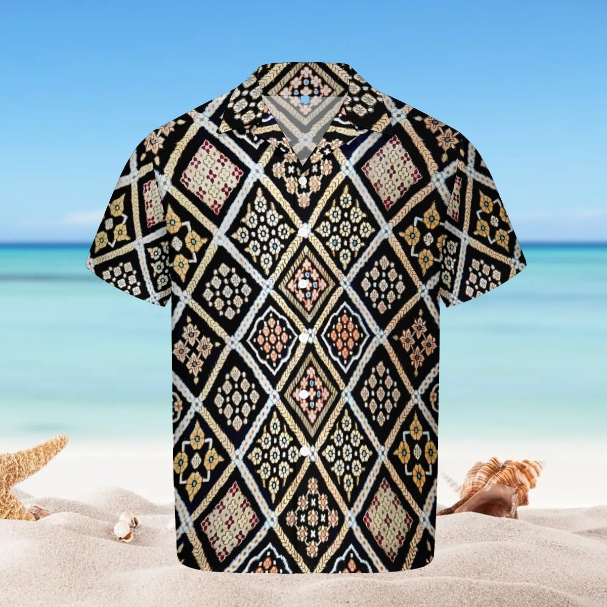 Bohemian Persian Modern Style Cuban Collar Pocketless Beach Polo Shirts Short Sleeved Men's Shirt