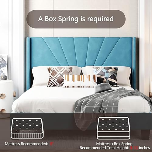 Miniatura 4 de Base de cama de plataforma tamaño Queen con cabecera tapizada de terciopelo y soporte de listones de madera, cama y cabecera tamaño Queen, no
