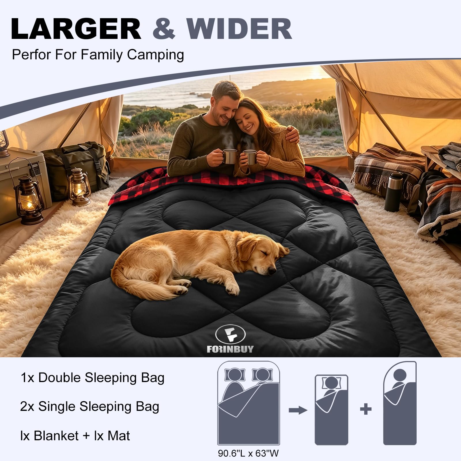 Flanell Doppelschlafsack 230x160cm für 2 Personen XXL | 100% Baumwolle Futter, wasserabweisend, 4-Jahreszeiten Deckenschlafsack – ideal für Paare, Familien Camping, Wohnmobil-Reise